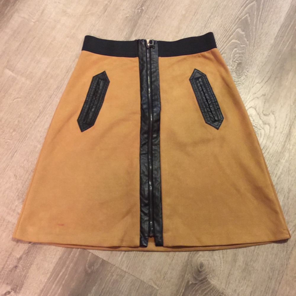 Faux suede and leather above knee zip up skirt